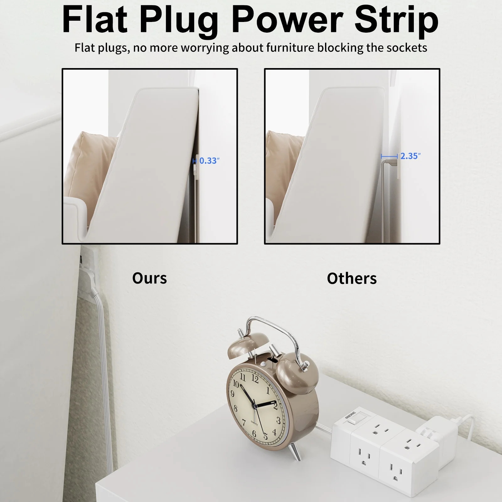 5Ft Flat Outlet Plug Extension Cord – 6 Power Outlets, No Usb Sockets, Home, Office, Travel Essential, White