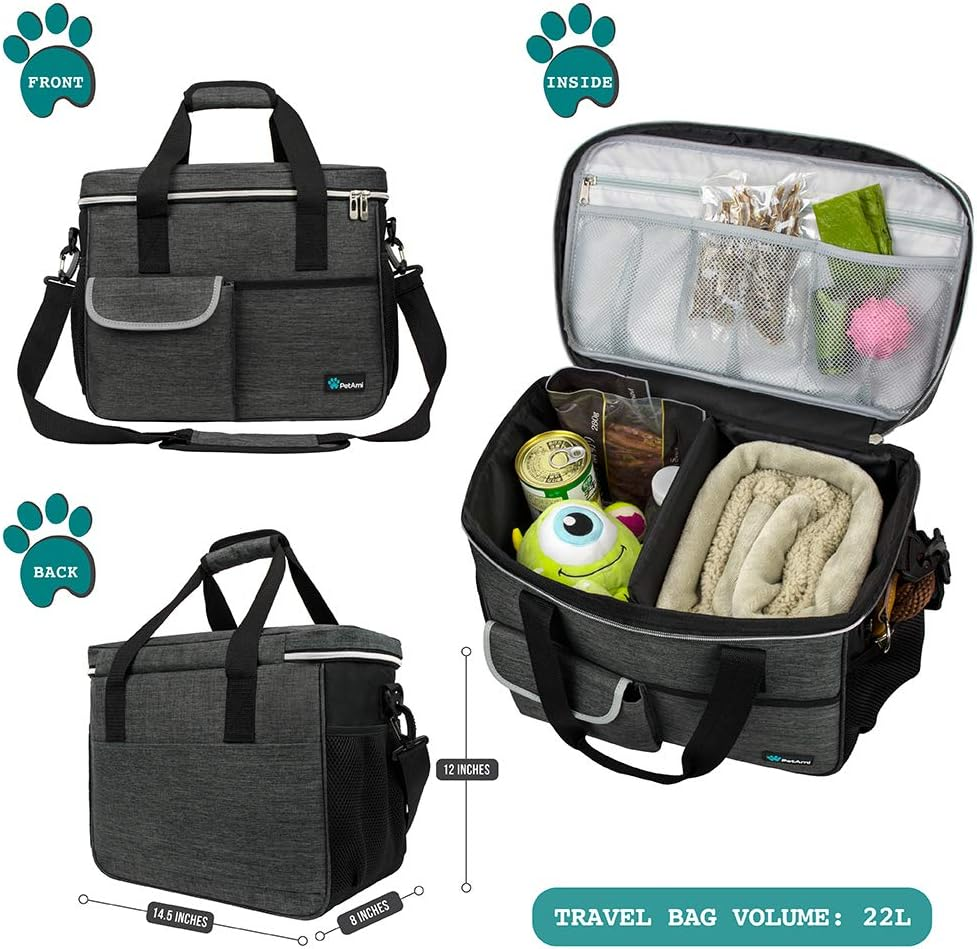 Dog Travel Organizer with Food Container and Bowls, Weekend Camping Accessories – Charcoal, Medium
