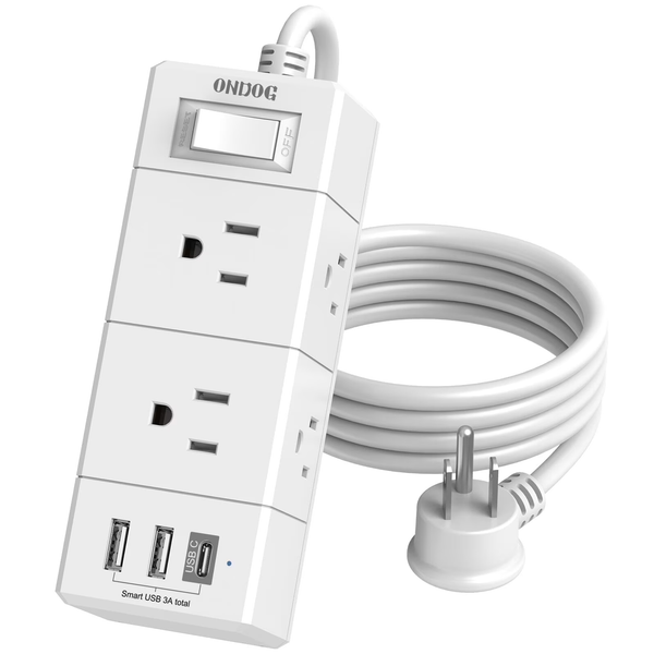 5Ft Flat Outlet Plug Extension Cord – 6 Power Outlets, No Usb Sockets, Home, Office, Travel Essential, White