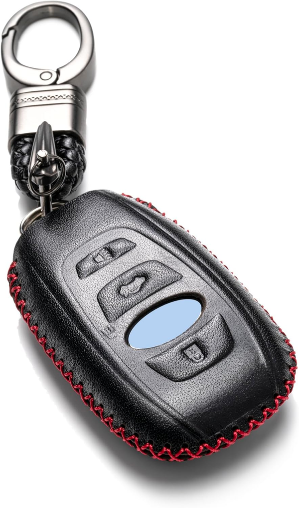 Leather Smart Key Fob Case Cover Compatible with Subaru Forester, Impreza, Outback, WRX, BRZ, XV Crosstrek, Ascent, Solterra (2014 – 2026 Models) – 4 Buttons, Black/Red