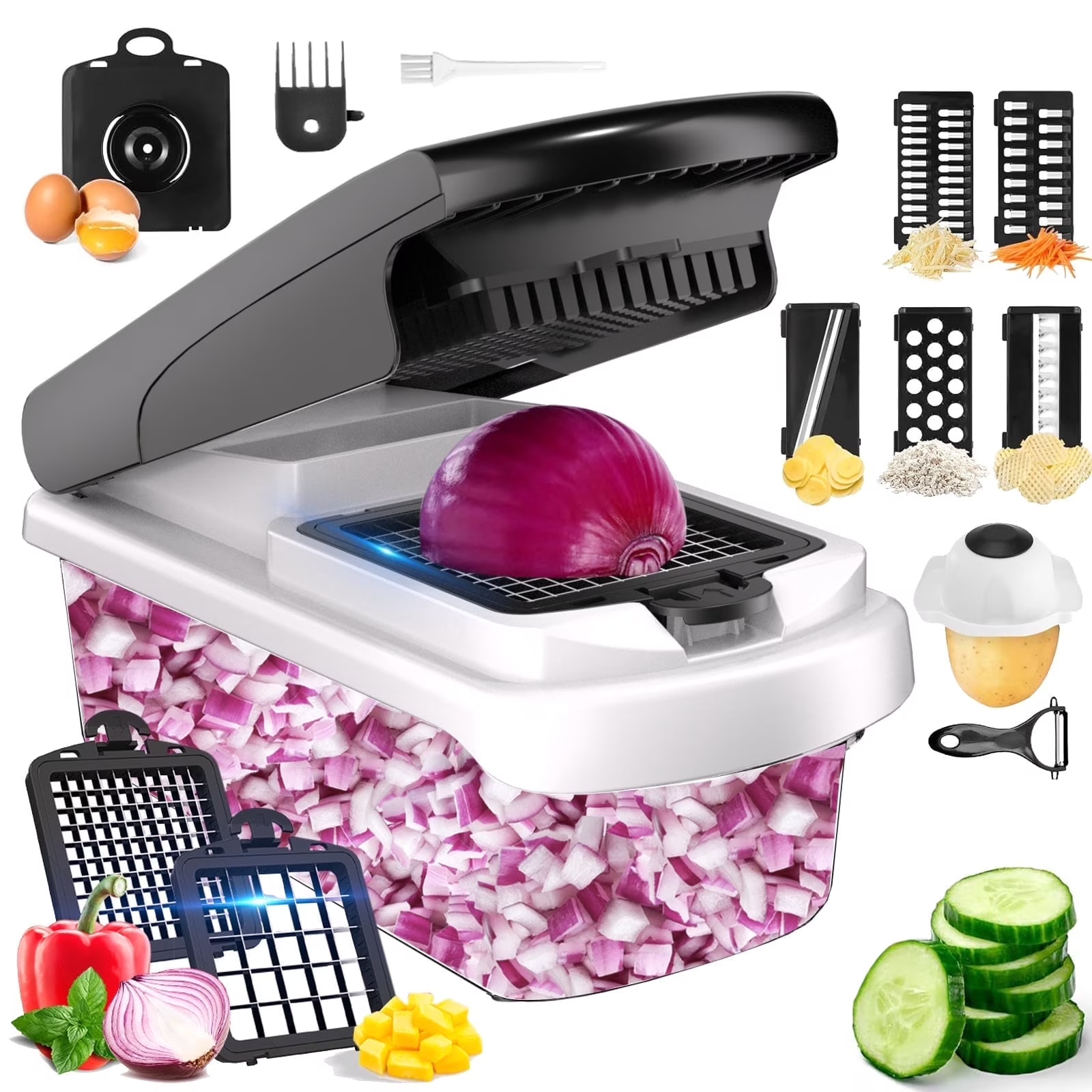 Vegetable Chopper Food Slicer, 15 in 1 Multi-Function Food Chopper for Onion, Veggie, Cheese Grater, Vegetables Cutter with Large Container, Kitchen Gadgets