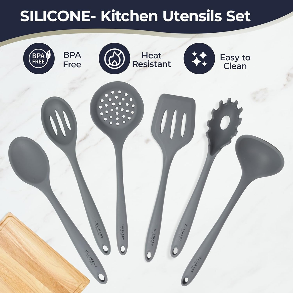 Grey Silicone Kitchen Utensils Set of 6, Non-Stick Heat-Resistant Silicone Kitchen Utensils Set with Steel Inner Core