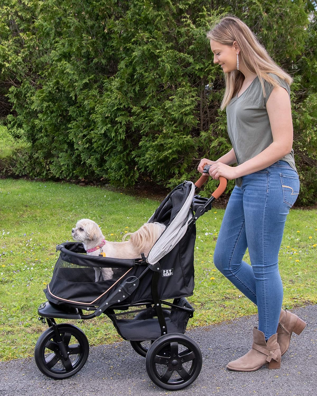 Pet Gear No-Zip AT3 Pet Stroller for Cats/Dogs, Zipperless Entry, Easy One-Hand Fold, Jogging Tires, Removable Liner, Cup Holder + Storage Basket, 1 Model, 2 Colors