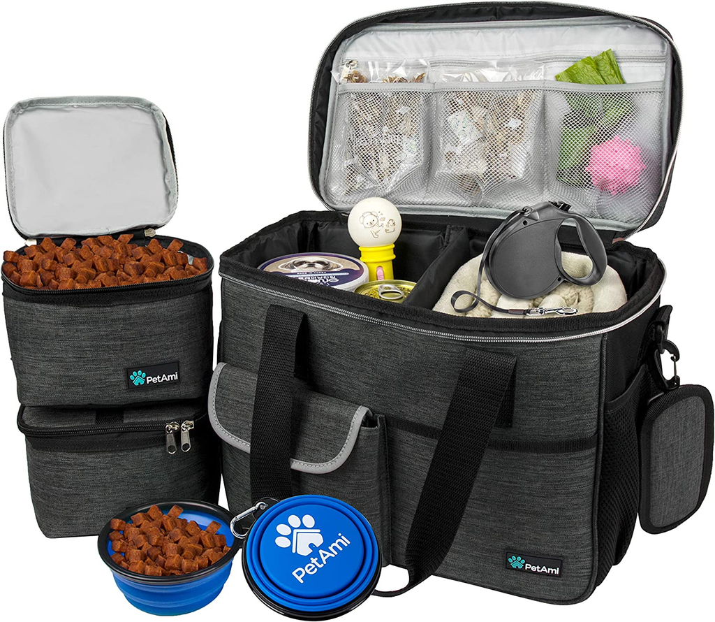 Dog Travel Organizer with Food Container and Bowls, Weekend Camping Accessories – Charcoal, Medium