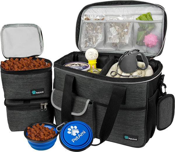 Dog Travel Organizer with Food Container and Bowls, Weekend Camping Accessories – Charcoal, Medium