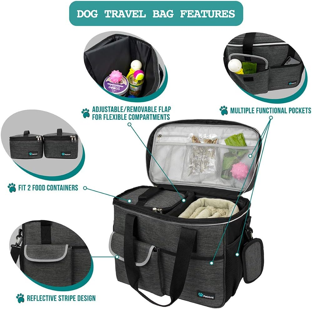 Dog Travel Organizer with Food Container and Bowls, Weekend Camping Accessories – Charcoal, Medium