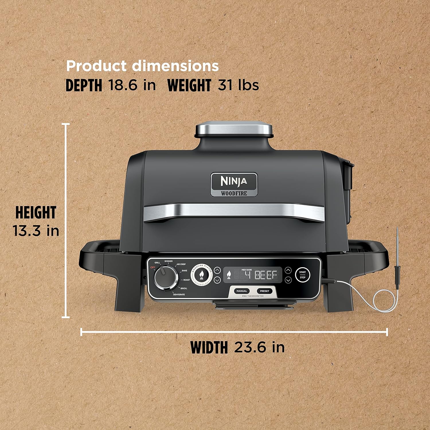 7-in-1 Grill & Smoker with Thermometer, Air Fryer, BBQ, Bake, Roast, Broil - Portable Electric Outdoor Grill, Grey