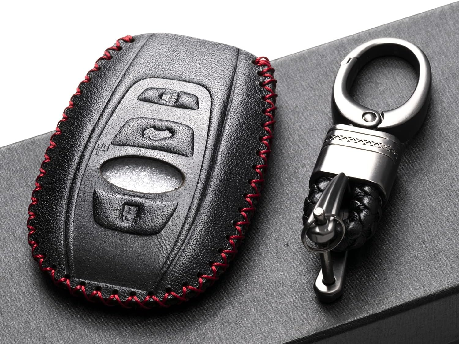 Leather Smart Key Fob Case Cover Compatible with Subaru Forester, Impreza, Outback, WRX, BRZ, XV Crosstrek, Ascent, Solterra (2014 – 2026 Models) – 4 Buttons, Black/Red