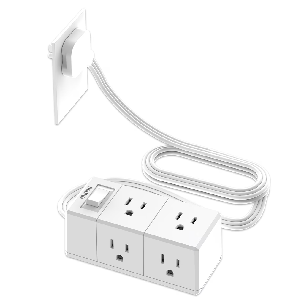 5Ft Flat Outlet Plug Extension Cord – 6 Power Outlets, No Usb Sockets, Home, Office, Travel Essential, White