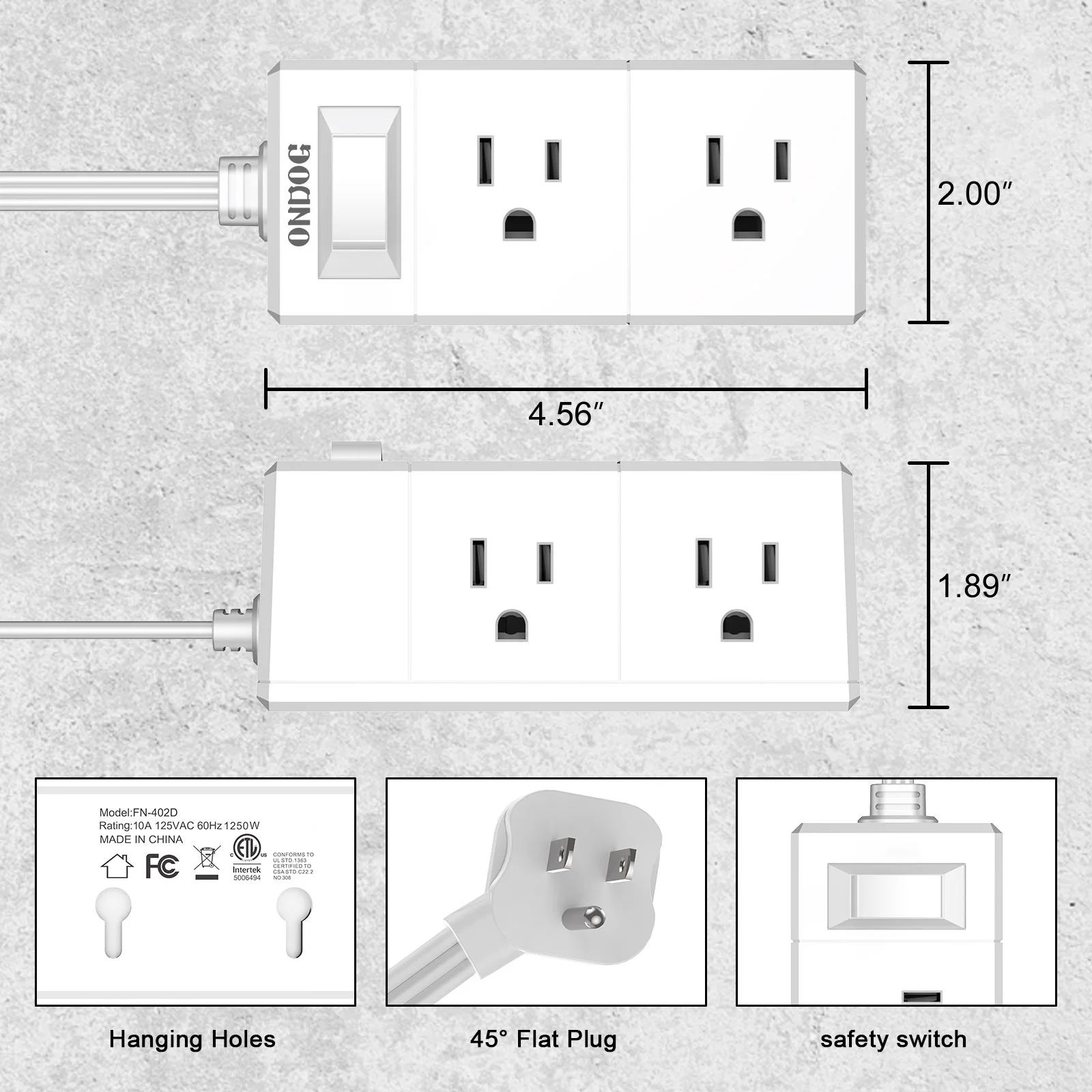 5Ft Flat Outlet Plug Extension Cord – 6 Power Outlets, No Usb Sockets, Home, Office, Travel Essential, White