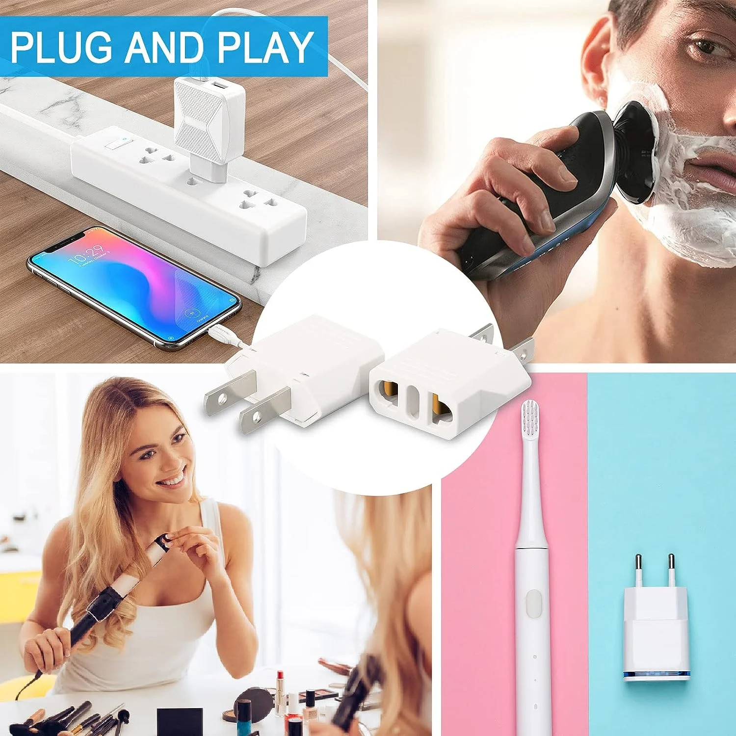 6 Pack European to US Plug Adapter, Plug Adapter European to American, EU to US Plug Adapter, 220V to 110V Adapter Plug for Travel, Europe to American Canada Mexico Power Plug Converter (Type A)