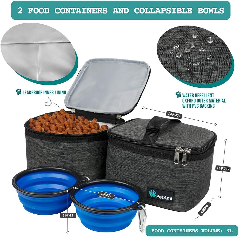 Dog Travel Organizer with Food Container and Bowls, Weekend Camping Accessories – Charcoal, Medium