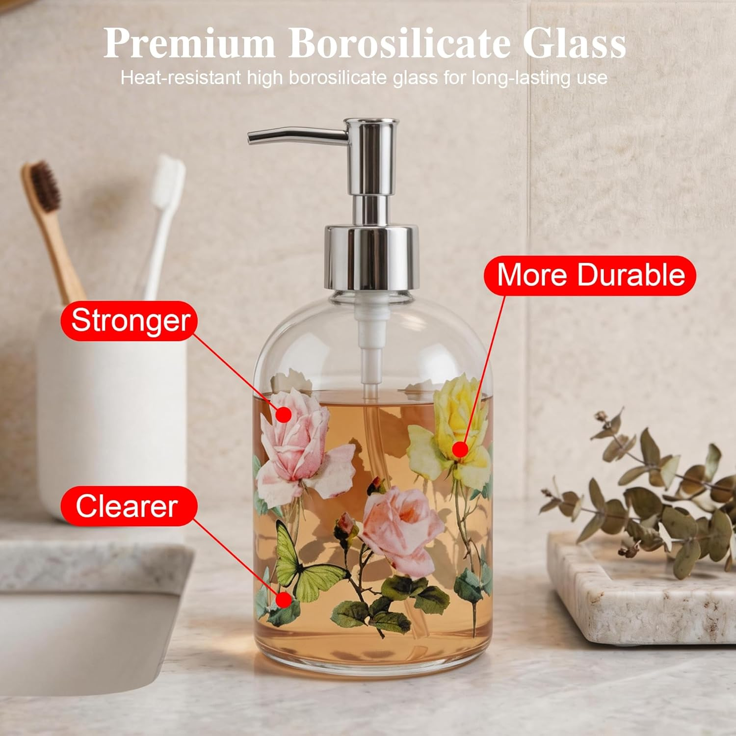 Glass Soap Dispenser Bottle with Pump,Refillable Liquid Hand Dispenser for Bathroom, Kitchen Soap Dispenser 17 Oz