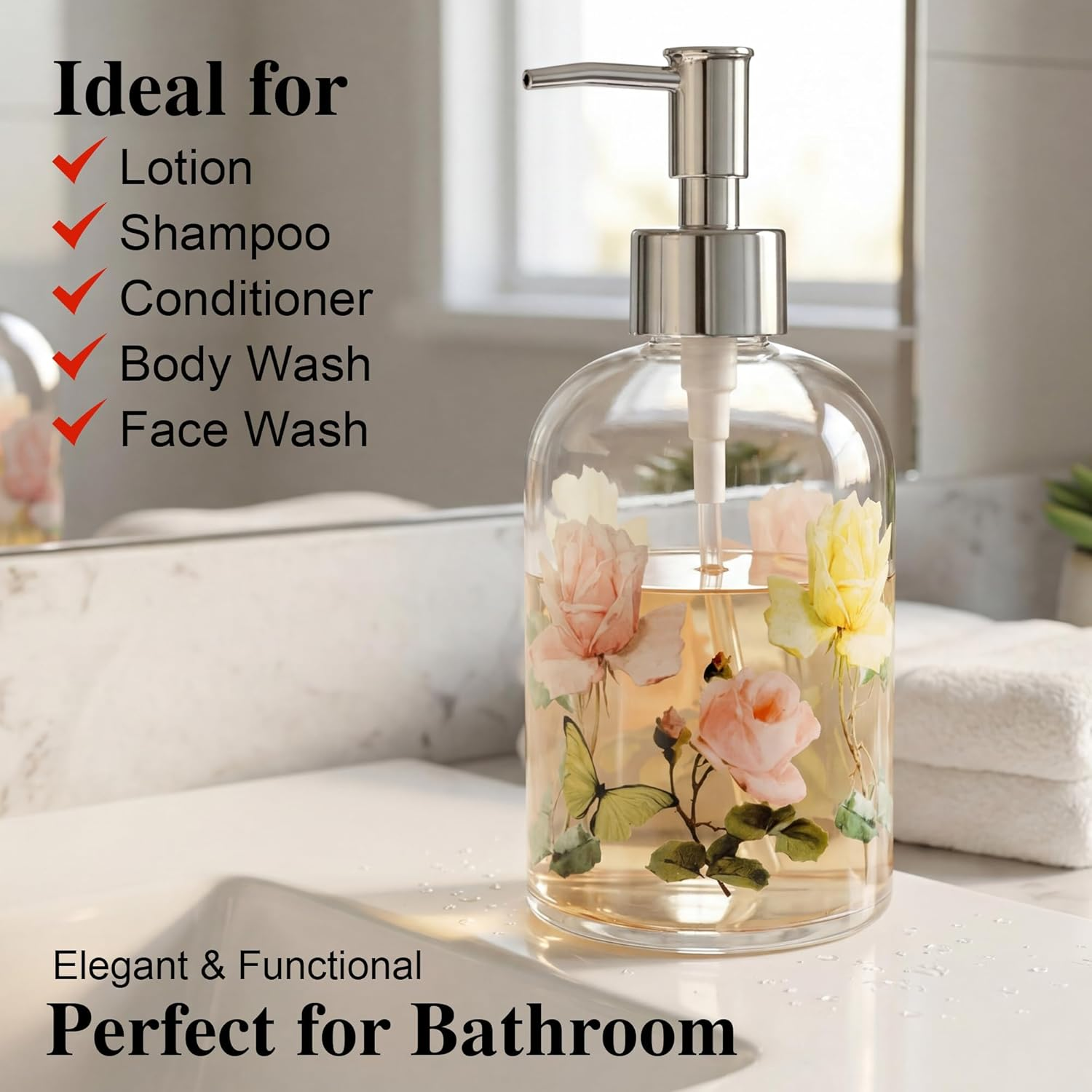 Glass Soap Dispenser Bottle with Pump,Refillable Liquid Hand Dispenser for Bathroom, Kitchen Soap Dispenser 17 Oz