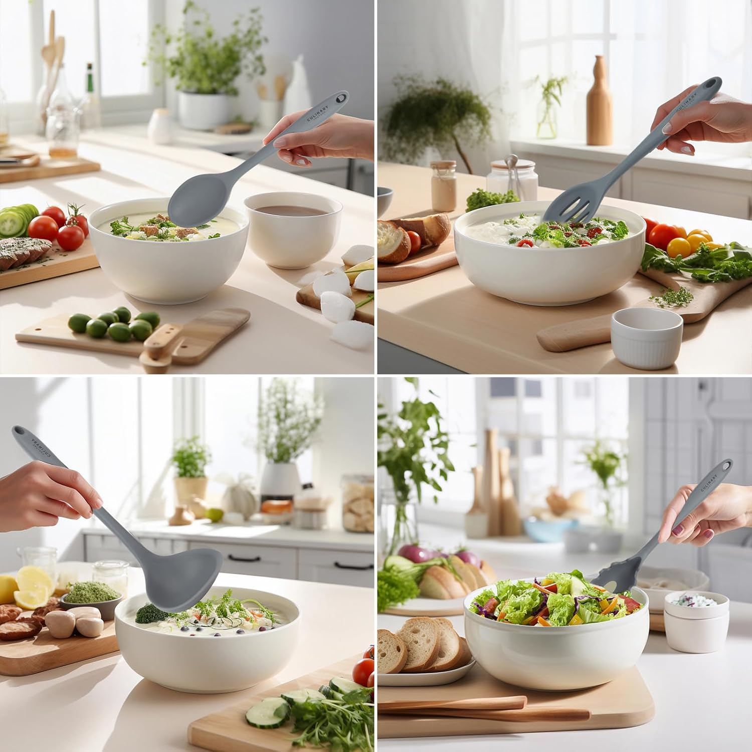 Grey Silicone Kitchen Utensils Set of 6, Non-Stick Heat-Resistant Silicone Kitchen Utensils Set with Steel Inner Core