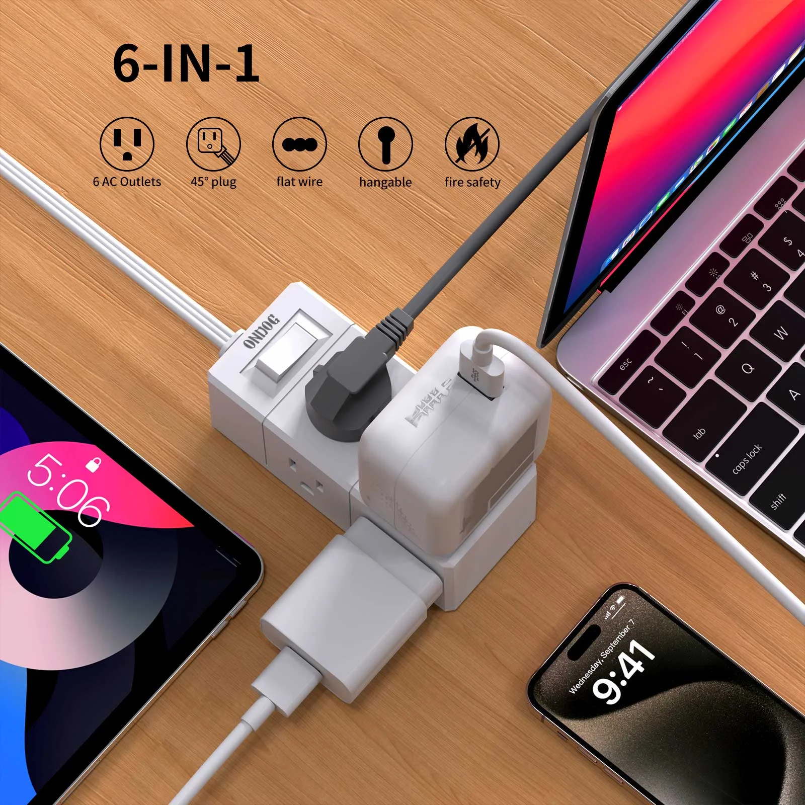 5Ft Flat Outlet Plug Extension Cord – 6 Power Outlets, No Usb Sockets, Home, Office, Travel Essential, White