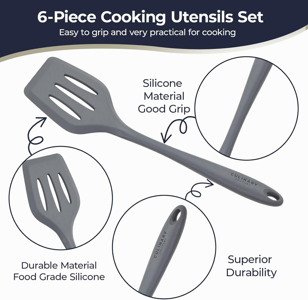 Grey Silicone Kitchen Utensils Set of 6, Non-Stick Heat-Resistant Silicone Kitchen Utensils Set with Steel Inner Core